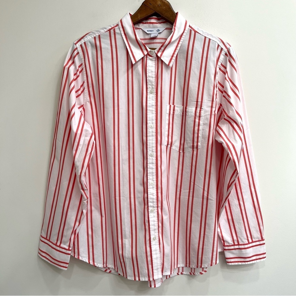 Old Navy classic button up shirt red white striped cotton woman’s size XL